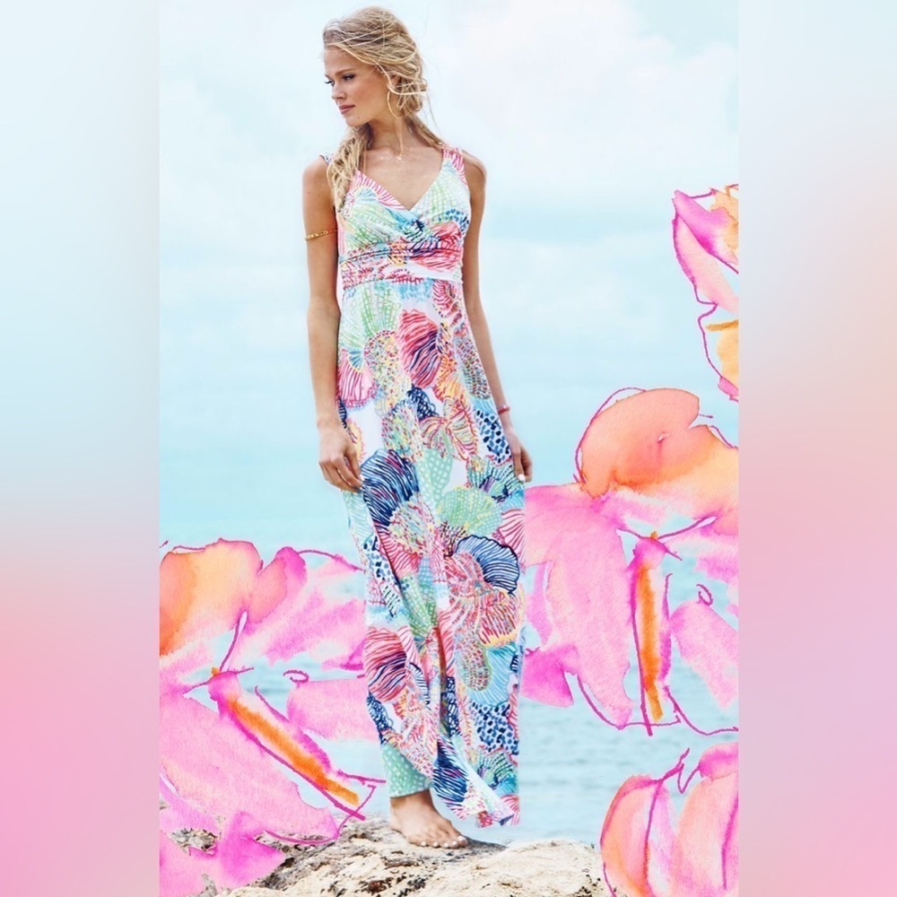 Lilly Pulitzer SLOANE MAXI DRESS Roar Of The Seas Multi Floral Coral Sz XS